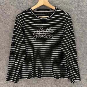 Talbots T-Shirt Women PL Petite Black Striped Long Sleeve Round Neck Cotton